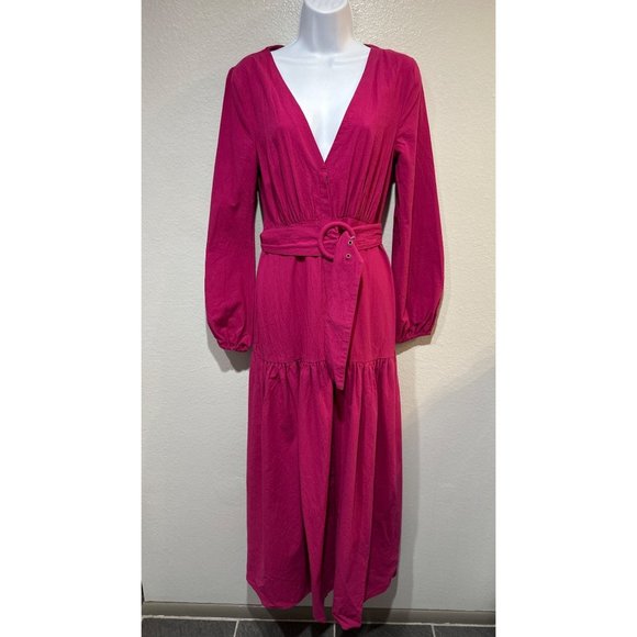 Free People S Kendra belted button front long sleeve Midi Dress in Pink - Picture 2 of 15